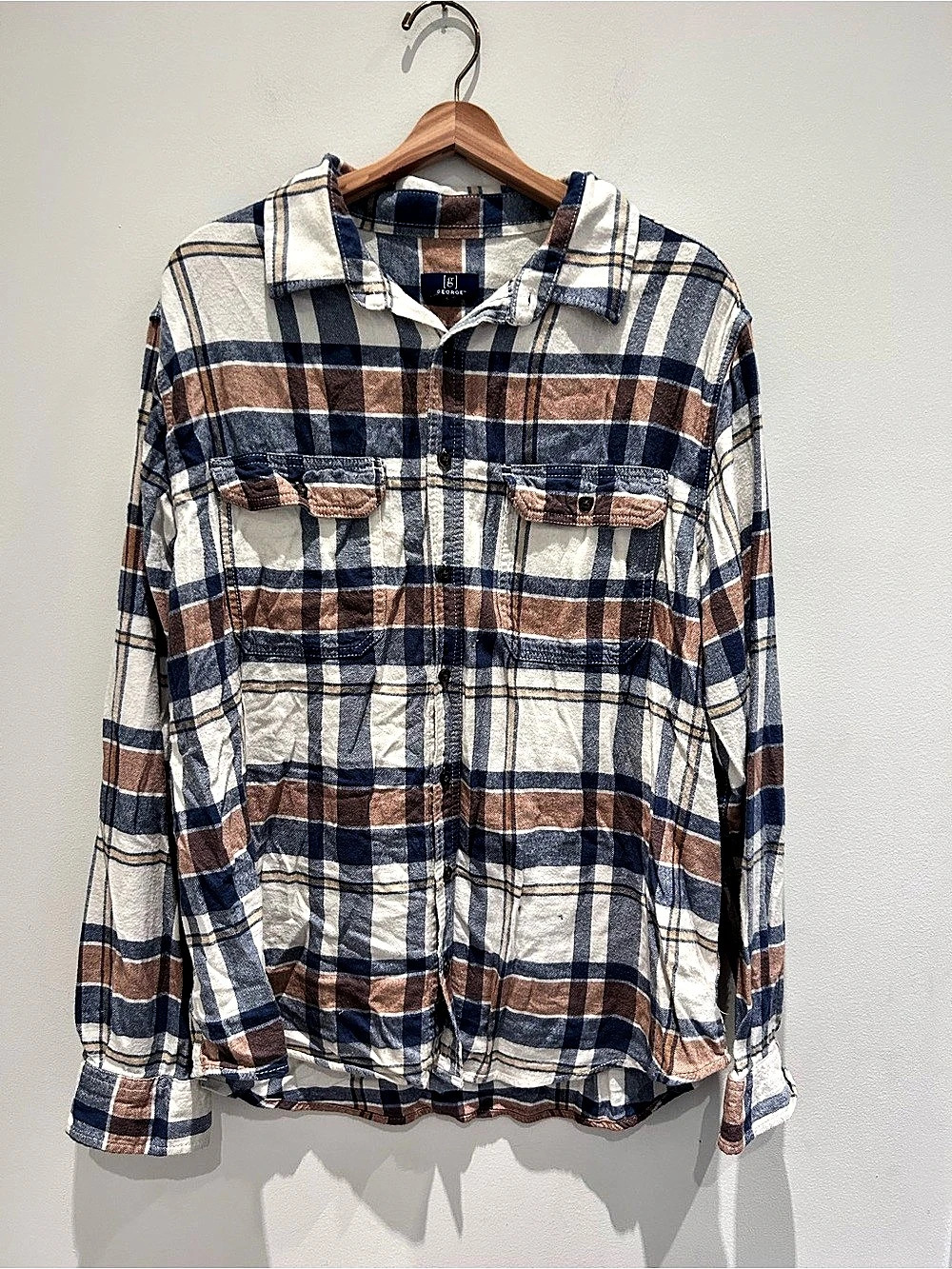 George Men's Plaid Flannel Long Sleeve Shirt Blue & Brown Waist XL